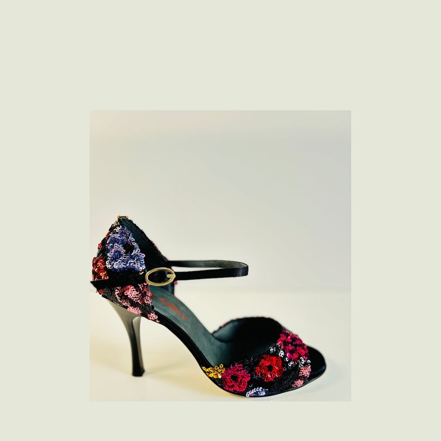 Tango Dance Shoes, Black & Flowers, Rosso Latino
