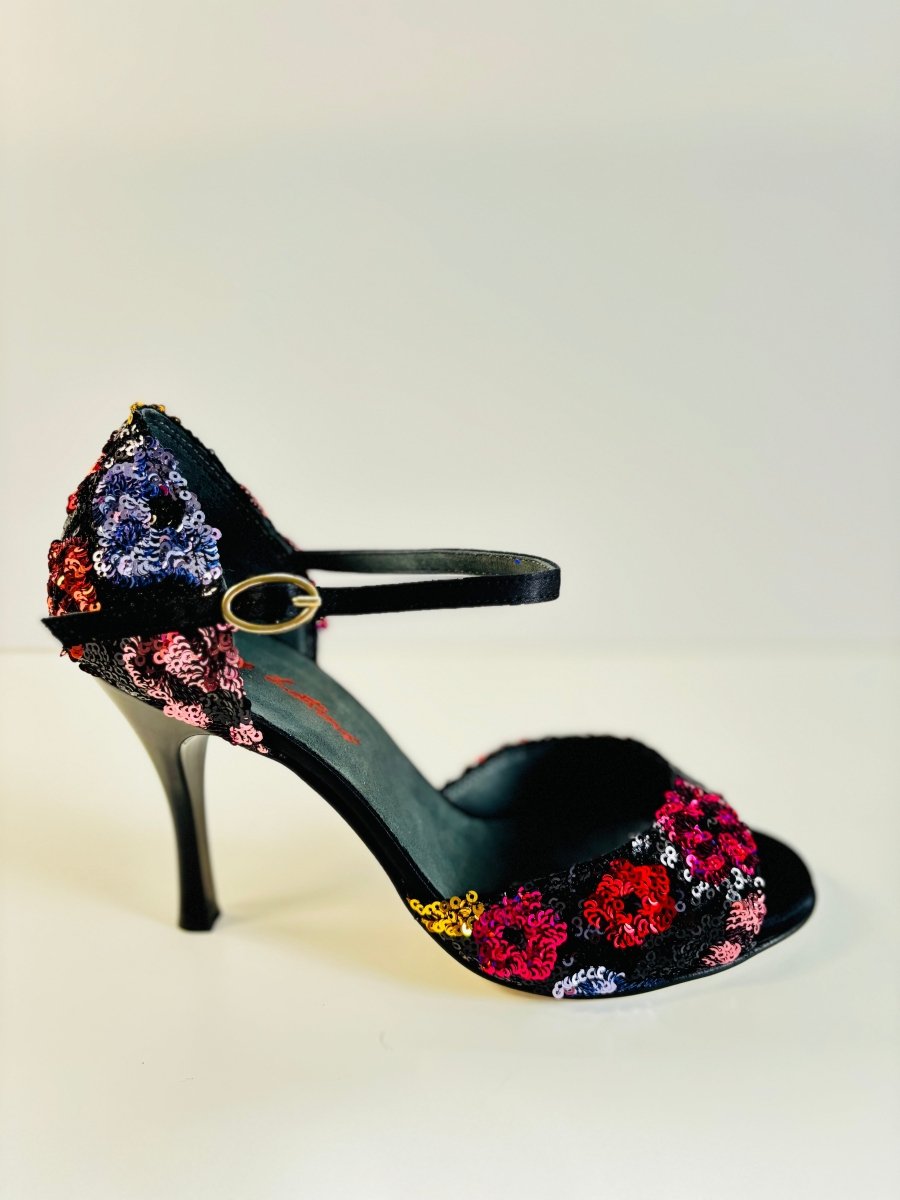 Tango Dance Shoes, Black & Flowers, Rosso Latino