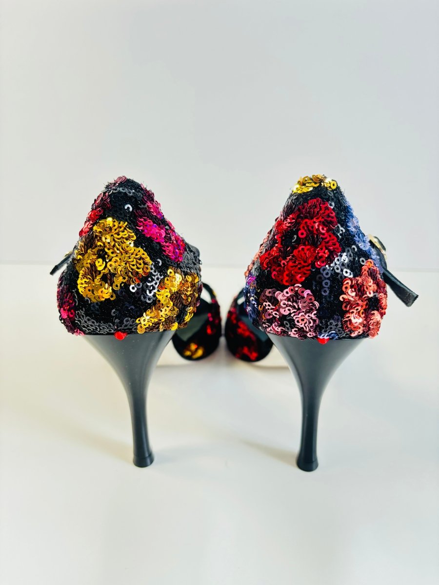 Tango Dance Shoes, Black & Flowers, Rosso Latino
