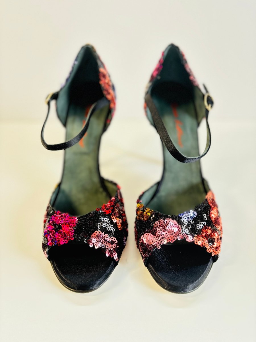 Tango Dance Shoes, Black & Flowers, Rosso Latino