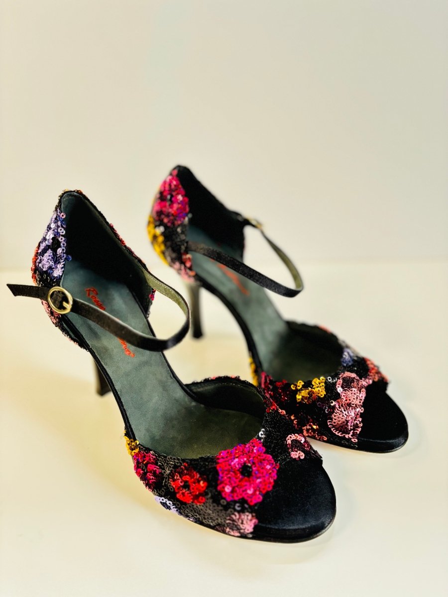Tango Dance Shoes, Black & Flowers, Rosso Latino