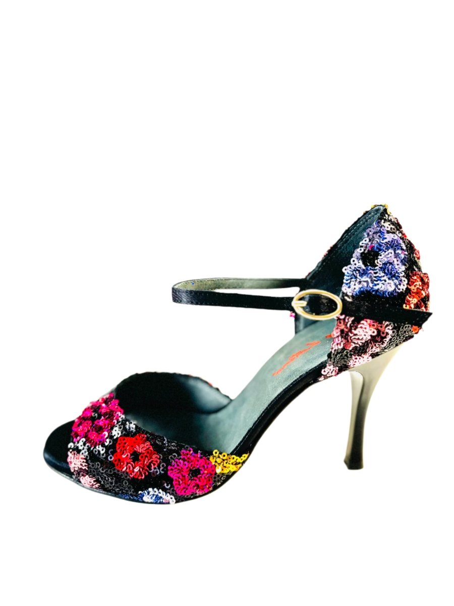Tango Dance Shoes, Black & Flowers, Rosso Latino