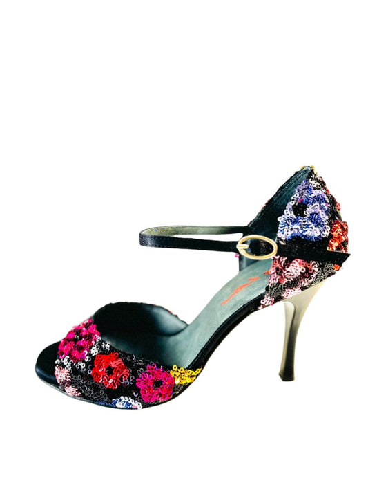 Tango Dance Shoes, Black & Flowers, Rosso Latino