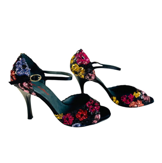Tango Dance Shoes, Black & Flowers, Rosso Latino