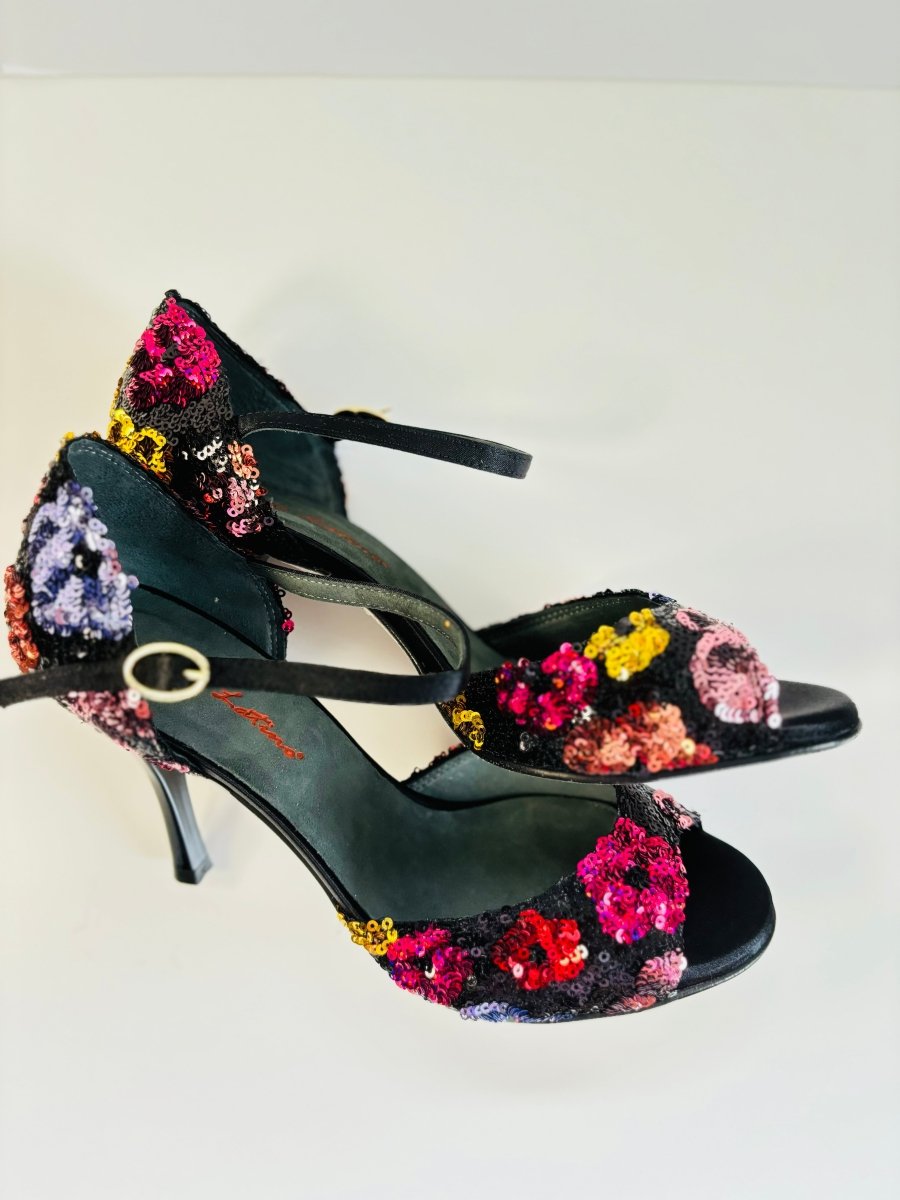 Tango Dance Shoes, Black & Flowers, Rosso Latino