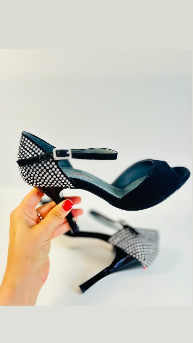 Tango Dance Shoes, Black & Rhinestones, Rosso Latino