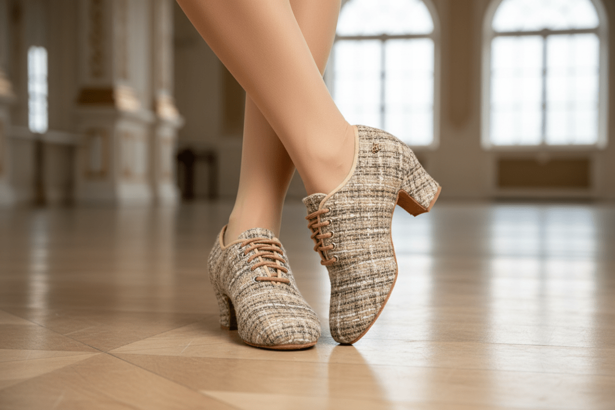 Coco Tweed Khaki Style Women’s Latin Dance Shoes – Lace - Up Ballroom Practice & Performance Shoes with 4.5 mm heel, split sole - Best selling - BD Dance - Wedance