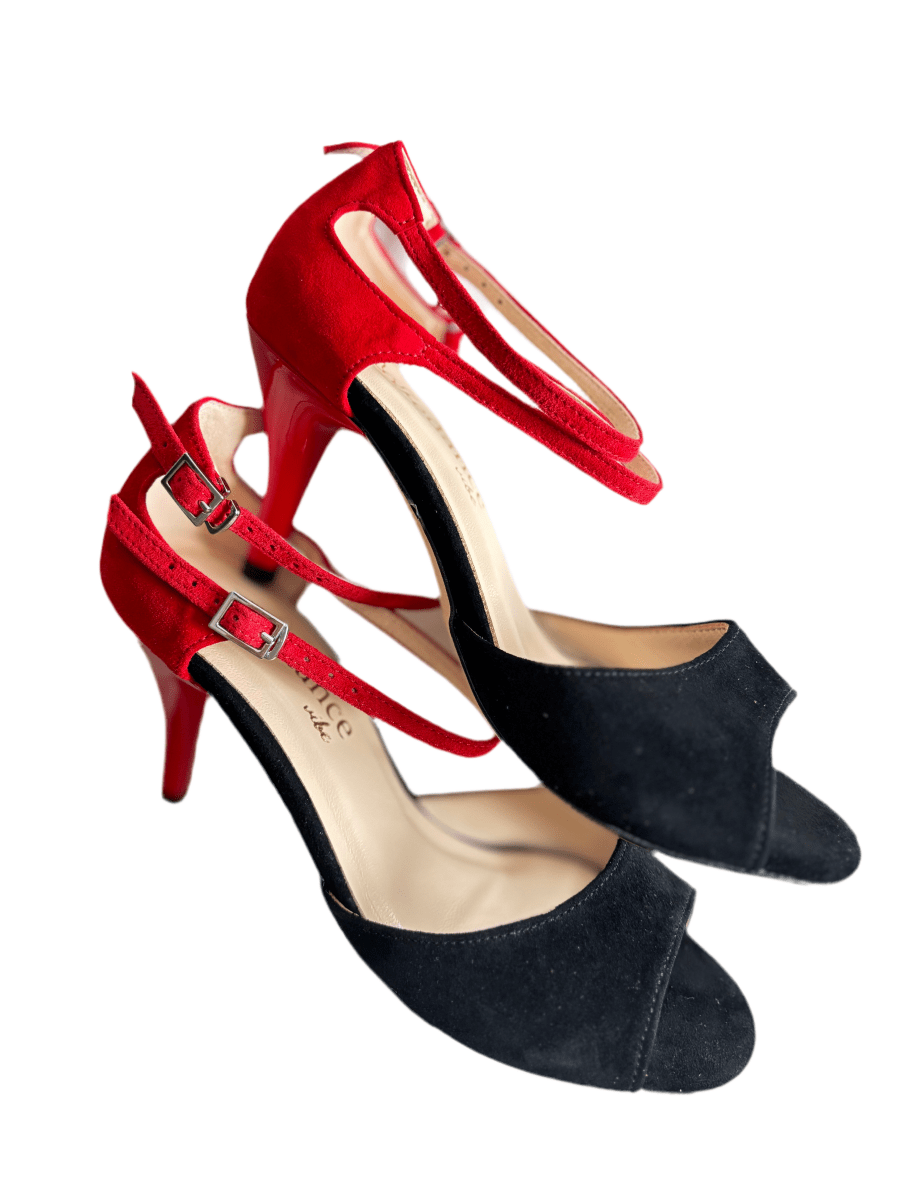 Coralina – Black & Red Suede Salsa, Tango Shoes with 7.5 cm Red Heel, Wide - Wedance Vibe - Wedance