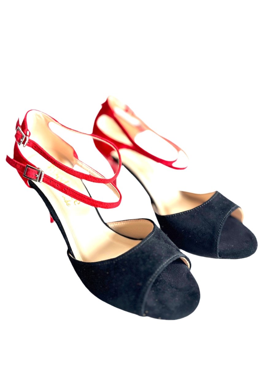Coralina – Black & Red Suede Salsa, Tango Shoes with 7.5 cm Red Heel, Wide - Wedance Vibe - Wedance