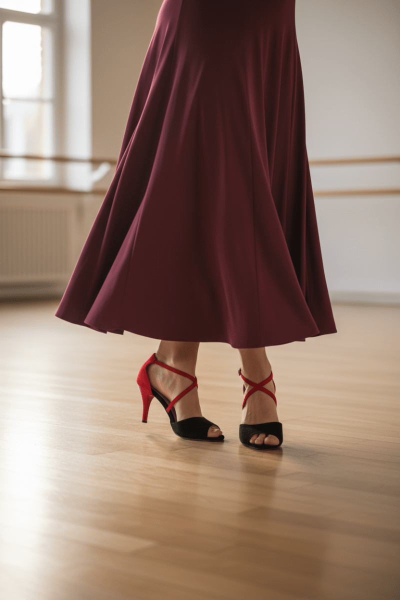 Coralina – Black & Red Suede Salsa, Tango Shoes with 7.5 cm Red Heel, Wide - Wedance Vibe - Wedance