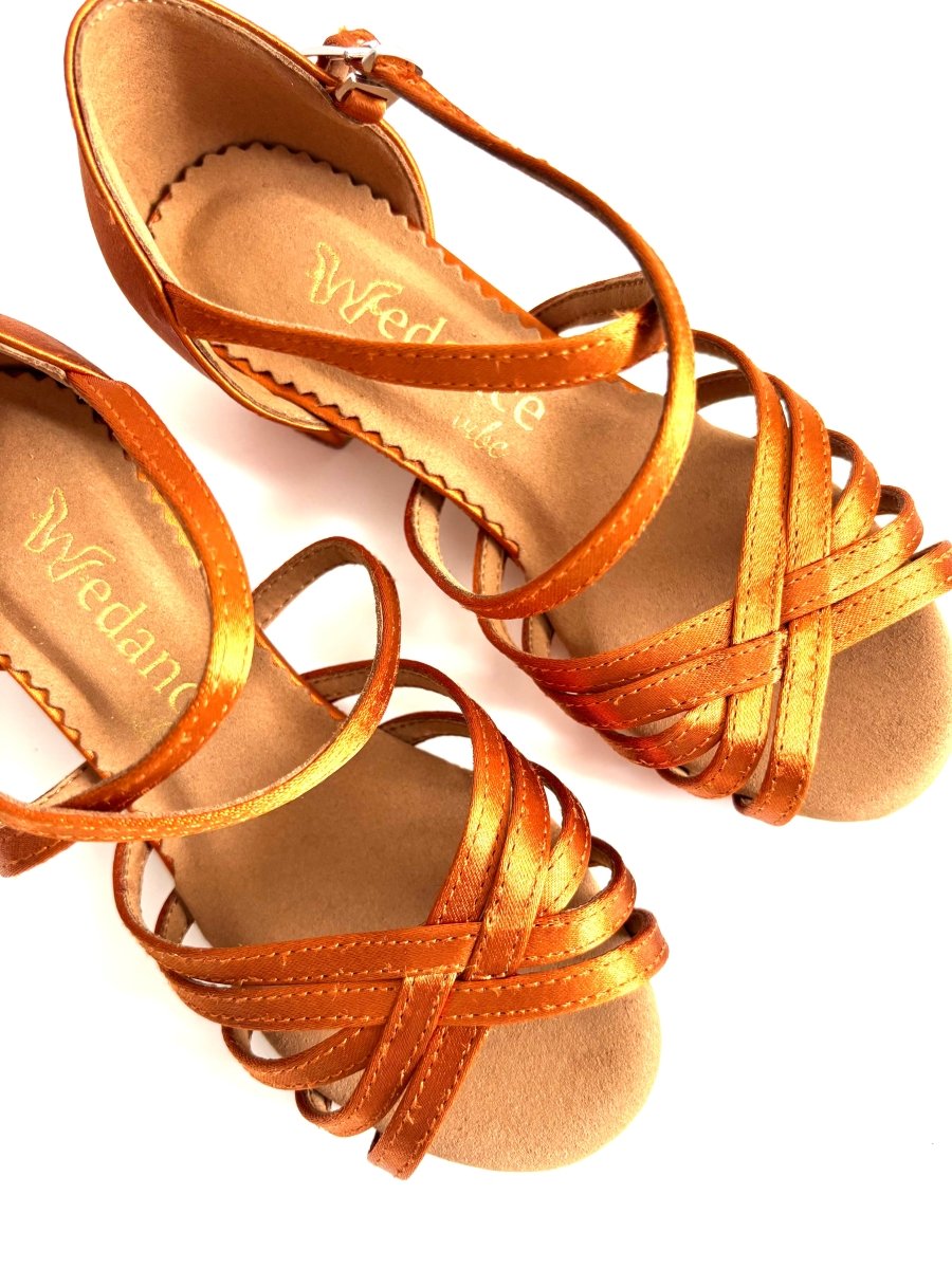 Kids’ Latin Dance Shoes - Aria, Tan Satin (Wide Fit) - Dance Shoes - Wedance Vibe - Wedance