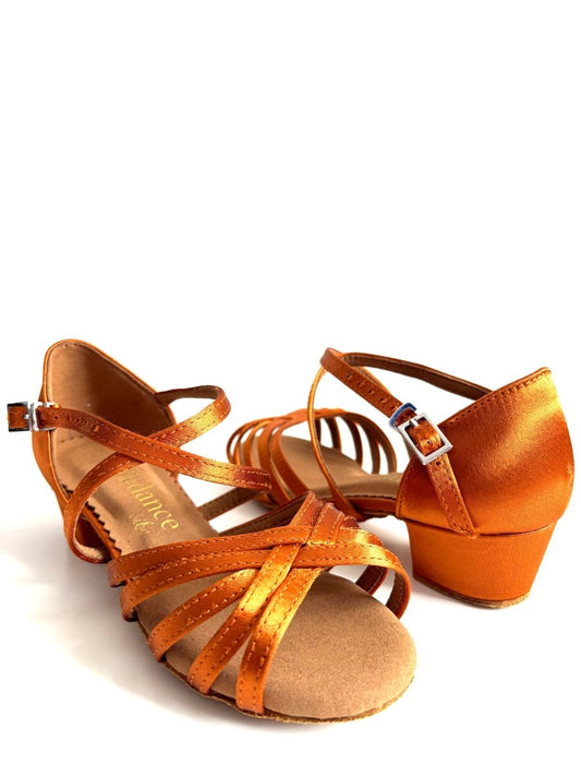 Kids’ Latin Dance Shoes - Aria, Tan Satin (Wide Fit) - Dance Shoes - Wedance Vibe - Wedance