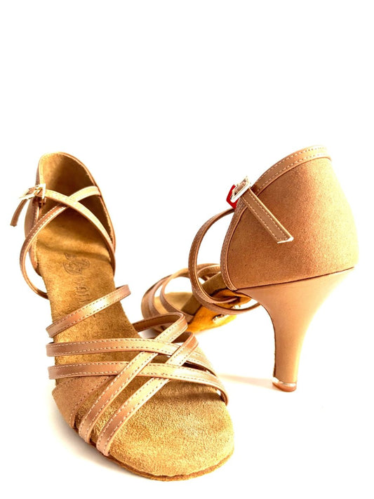 BD Dance Women's Latin Dance Shoes, Tan Leather + Nabuck, Natural Suede Insole, 75mm/ 3’ heel, Salsa, Bachata