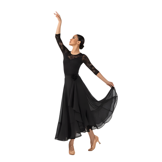 LS-03258R Long Black Ballroom Practice Skirt for Women, Layered ruffles upscaled