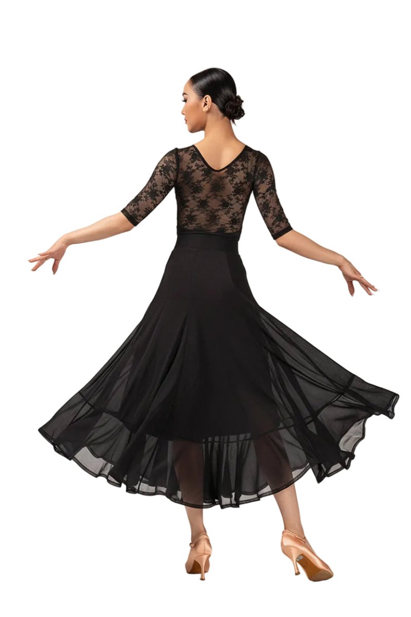 LS-03258R Long Black Ballroom Practice Skirt for Women, Layered