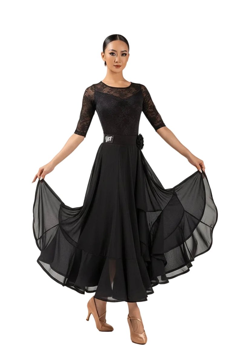 LS-03258R Long Black Ballroom Practice Skirt for Women, Layered
