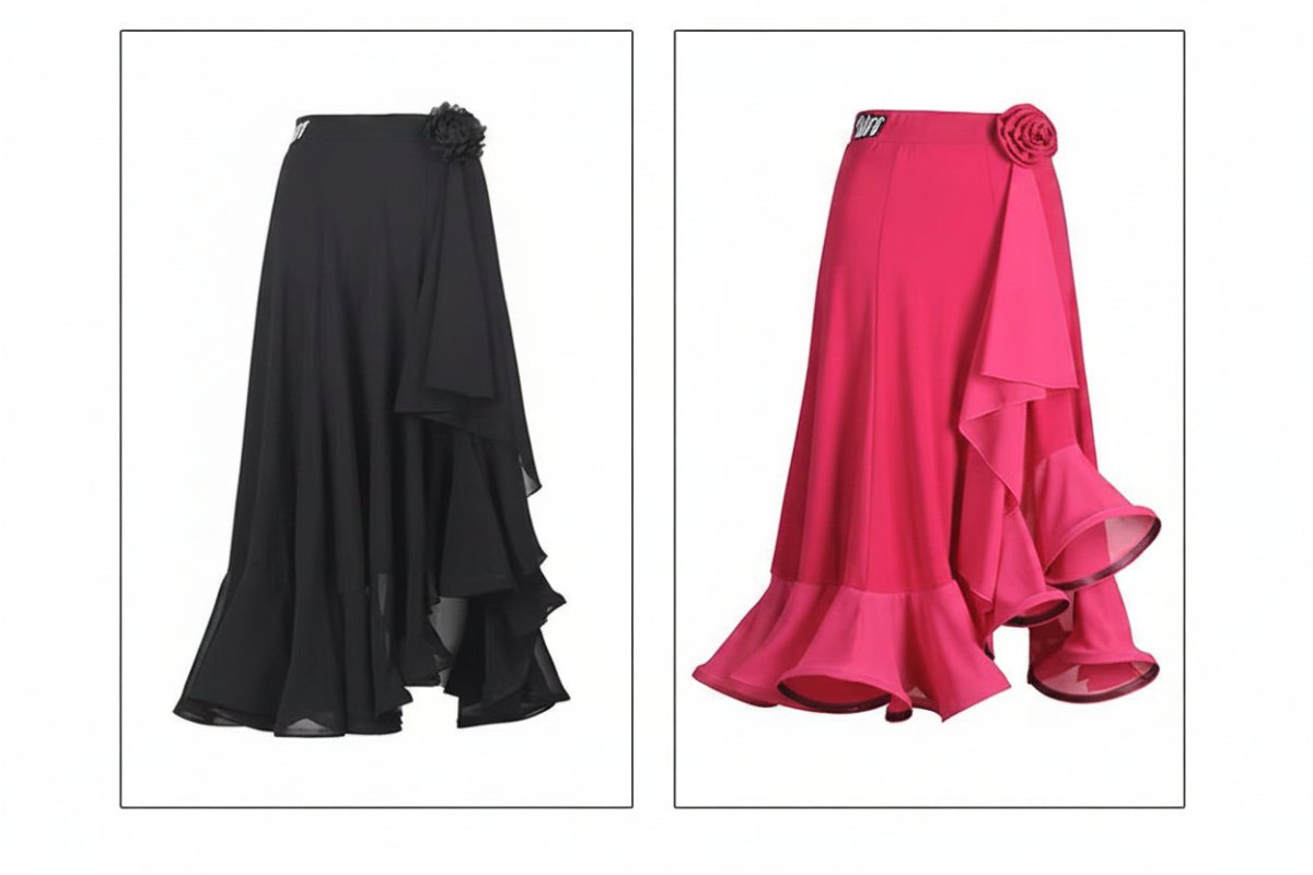LS - 03258R Long Black Ballroom Practice Skirt for Women, Layered ruffles - Wedance - Wedance