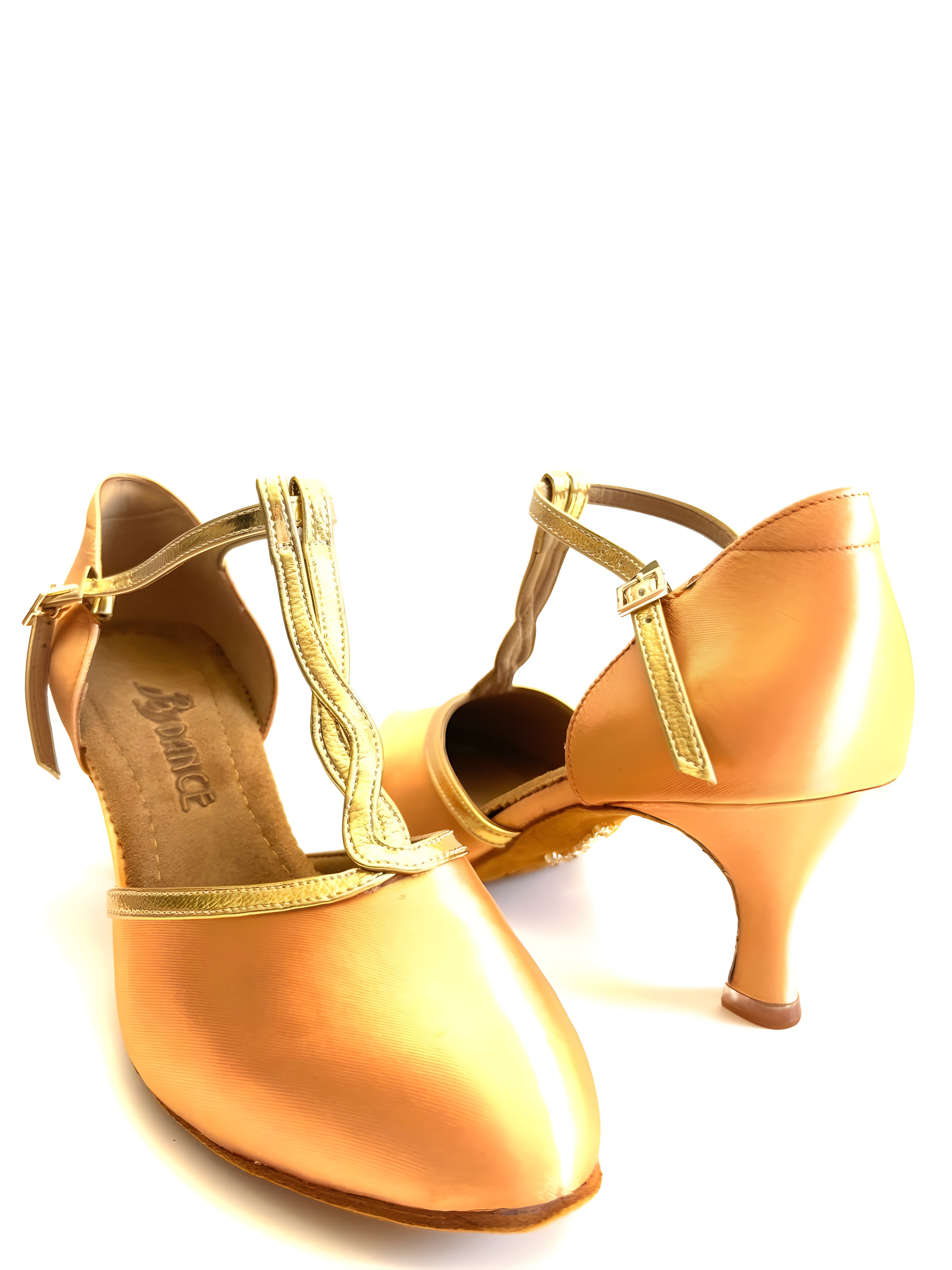 BD Dance Women’s Smooth Ballroom Shoes 170 – Gold Satin with Strips – 2.5” Heel – For Waltz, Tango, Foxtrot upscaled