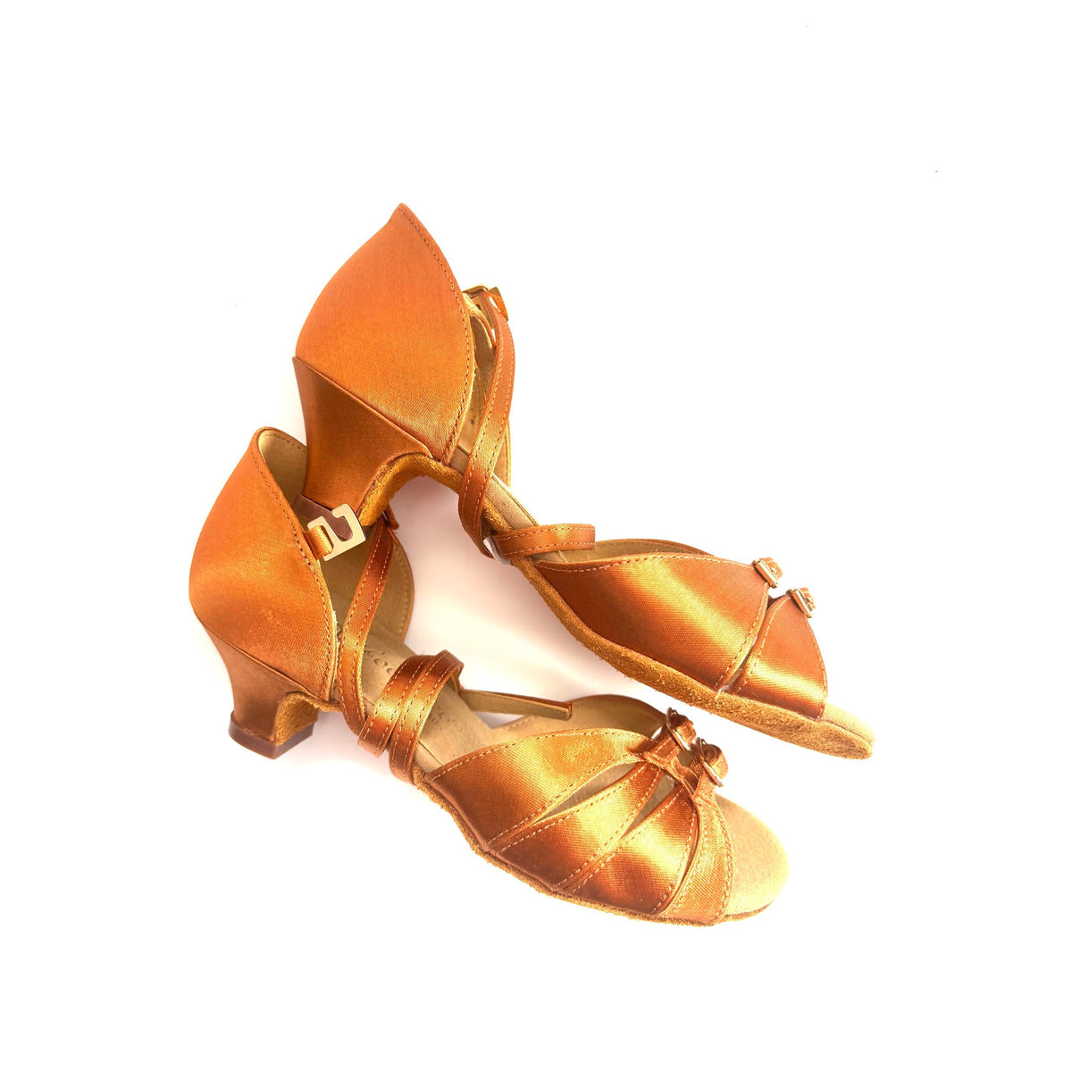 Mia Dark Tan Satin Latin dance shoes, pair viewed from the front