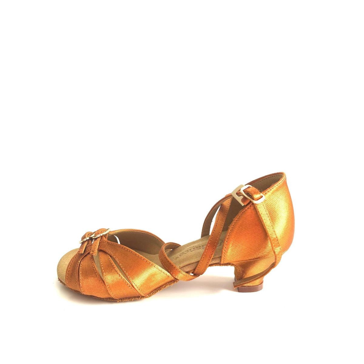 Mia Dark Tan Satin Latin dance shoe, side view showing the low block heel