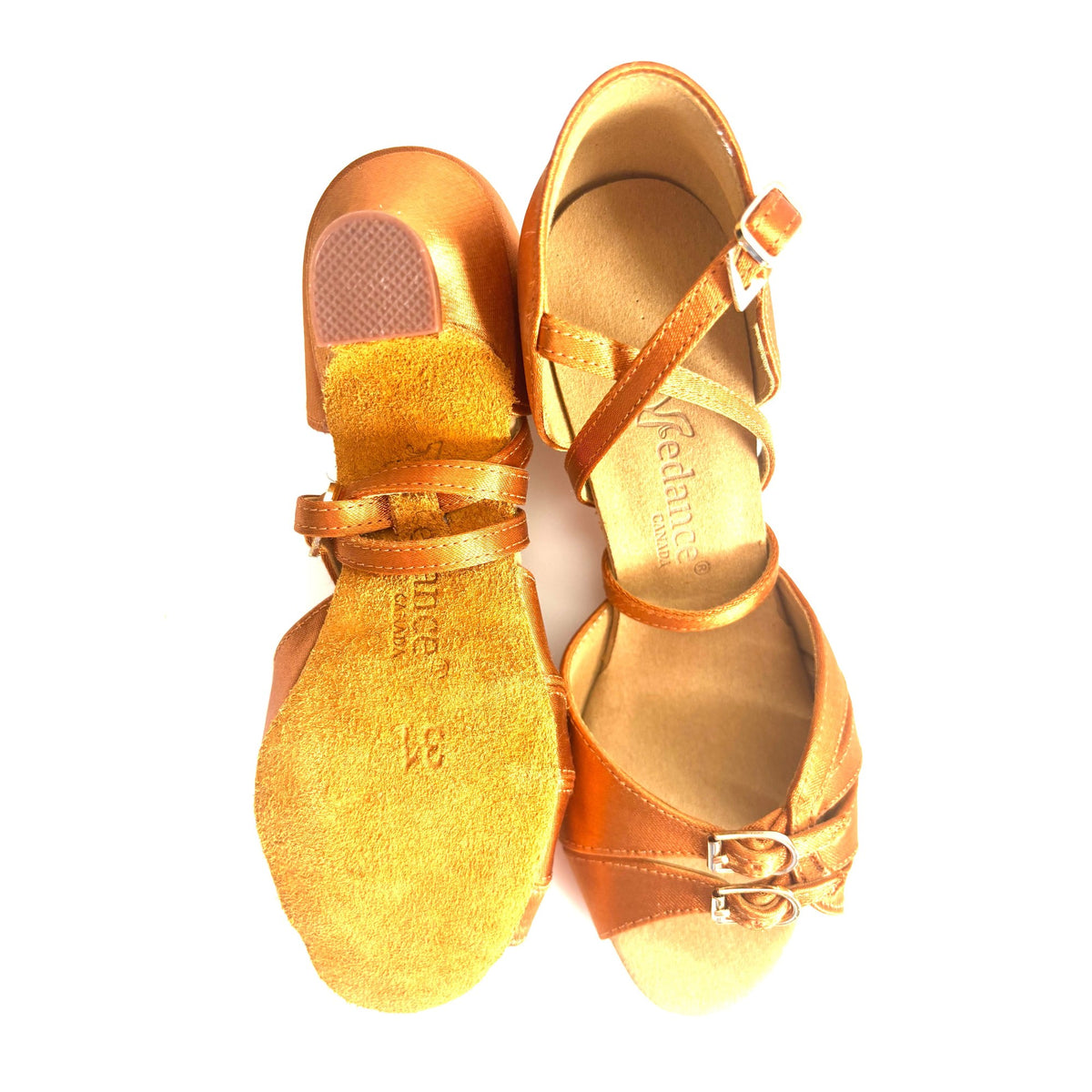 Mia Dark Tan Satin Latin dance shoes, suede soles