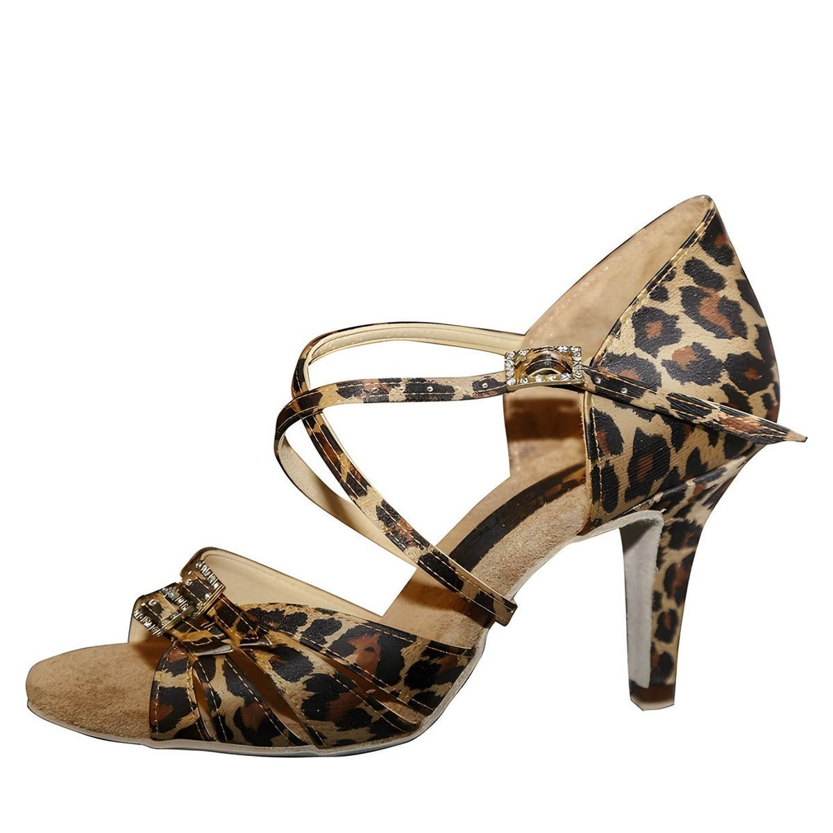 AIDA Nikolishina 071E – Women's Latin Dance Shoes, Adjustable Vamp — Out Leopard Satin