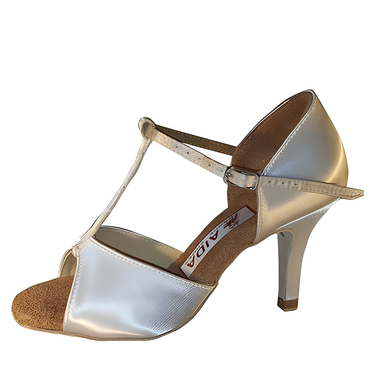 AIDA Boriana 010T – Women's Latin Dance Shoes, T-Strap — White Satin