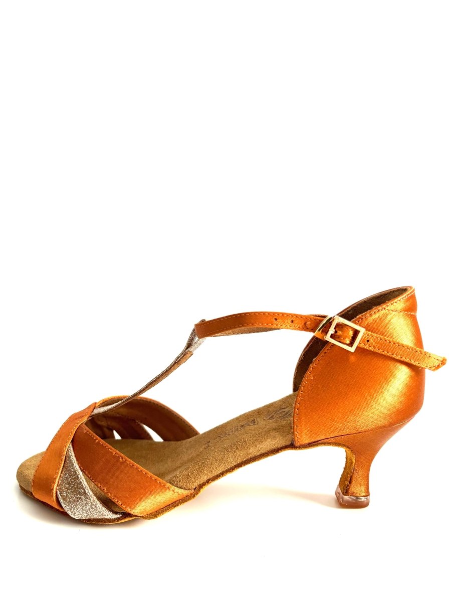 BD Dance Women's Latin Dance Shoes, Tan Satin With Gold Sparkle Accents, Natural Suede Insole, 55 mm/2’ heel