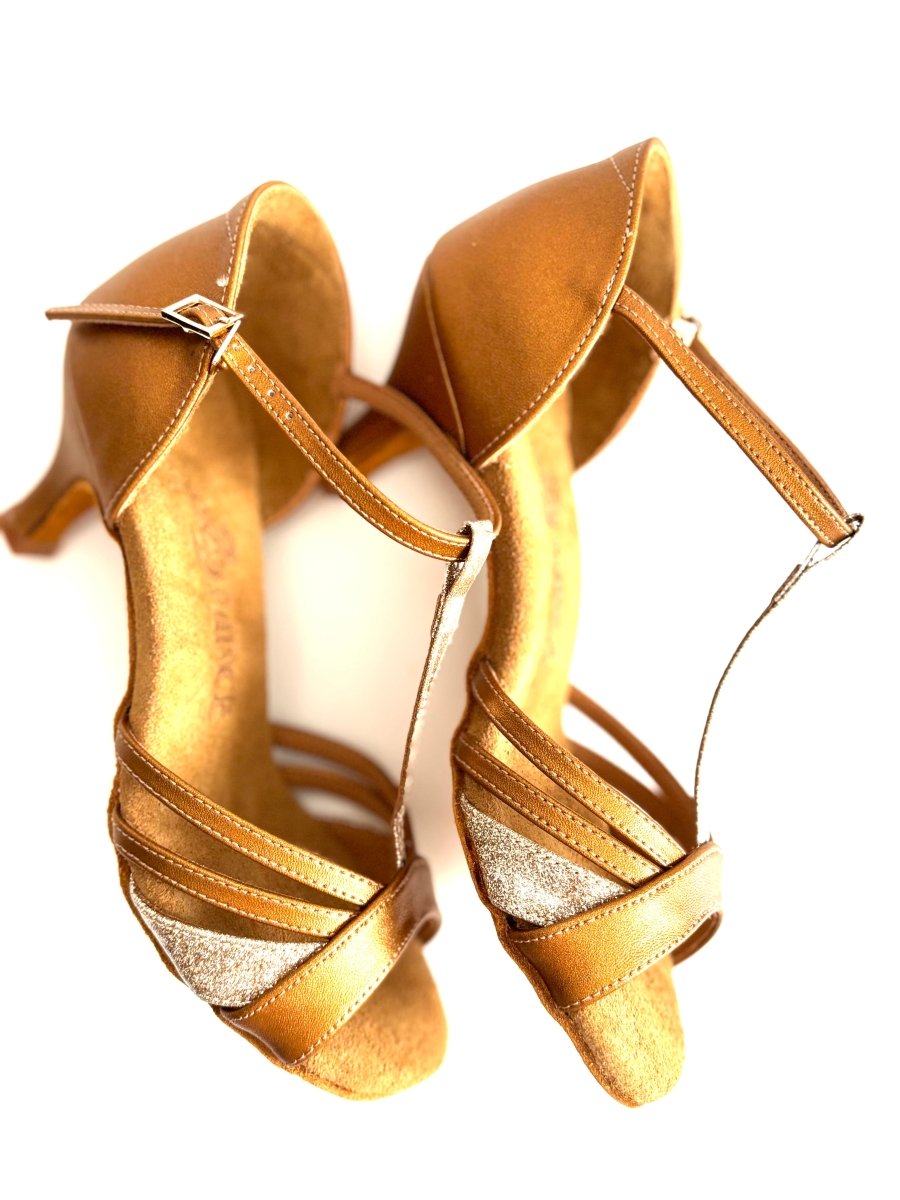 BD Dance Women's Latin Dance Shoes, Tan Leather With Sparkle Accents, Natural Suede Insole, 55 mm/2’ heel