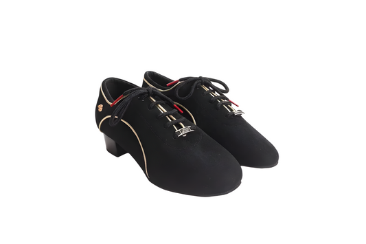 Women’s Black & Gold Nubuck Practice Dance Shoes – Latin & Ballroom Split Sole, Comfort Fit for Wider Feet upscaled