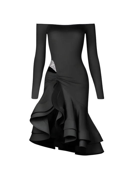 Dreamy Latin Dance Dress – ZYM, Black, Off-Shoulder, Ruffle Skirt upscaled
